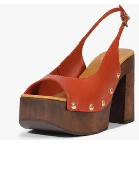 YDN Orange Red Rivet Studded Platform Chunky High Heeled Sandals Slingback Clog